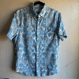Blue‎ Floral Linen Shirt Coastal Grandpa Aesthetic Preppy Summer Button Up Sz S
